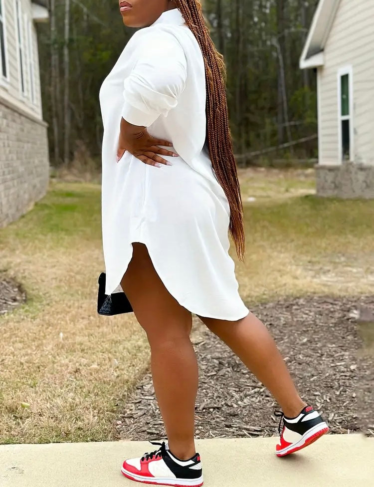 All White Solid Button Front Casual Collared Long Sleeve Shirt Dress for Women's Plus Size Clothing