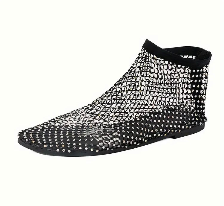 Stylish Rhinestone Mesh Flat Sandals Glamorous Slip-On Shoes Comfortable Party Flats for Women