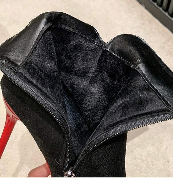 Stunning Black 10cm Height Stilettos Winter Red Bottom Heels Zip Warm Black Ankle Boots Women Footwear Shoes Women