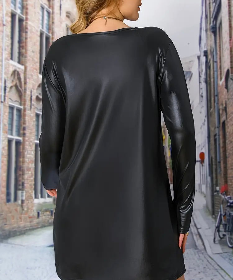 Curvy Date Night Women’s Black Casual PU Leather Fashion Shirt Dress Plus Size Clothing