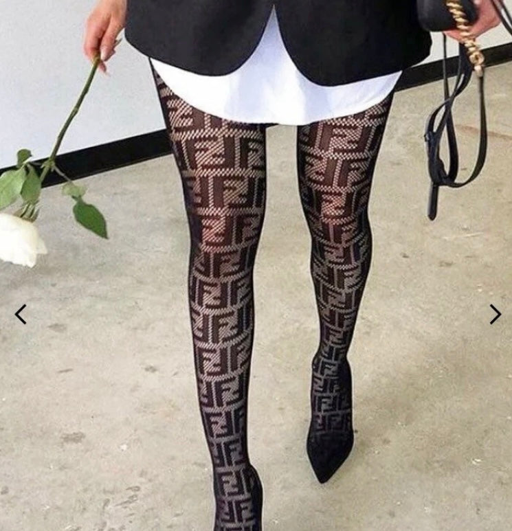 Black Knit Stretch Stockings Women Letter F Fishnet Pantyhose
