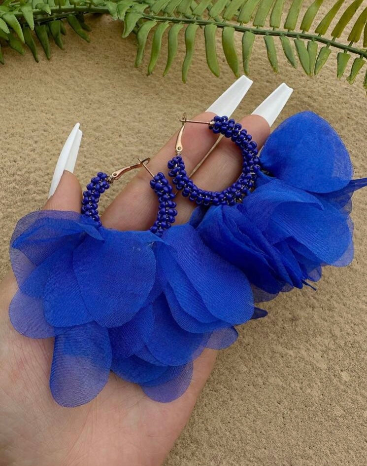 Beautiful Minimalist Blue Bohemian Style Flower Petals Beaded Chiffon Flower Statement Earrings Accessory w Hoop Closure