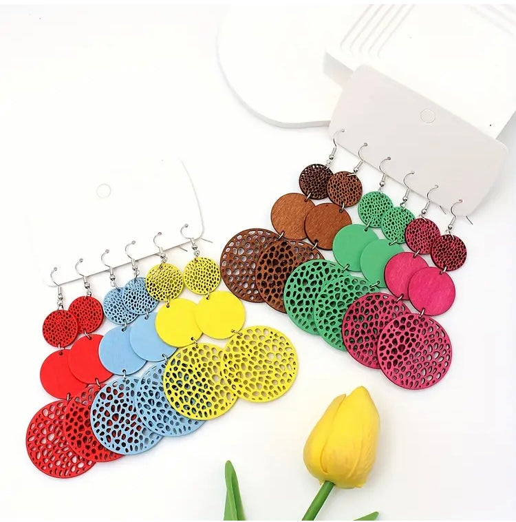 Cute Earth Tone Girl Colorful Round Shape Hollow Pattern Dangle Earrings Retro Bohemian Style Wooden Jewelry