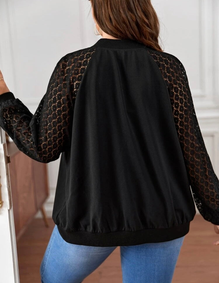 Black Lace Sleeve Bomber Zip Jacket Coat Plus Wear