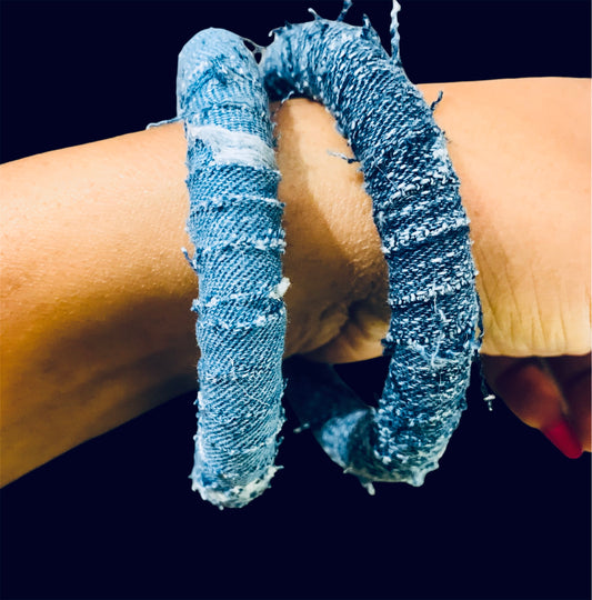 Fierce Custom Made Fashionista Statement  Denim Distressed Bracelets 2pc Set