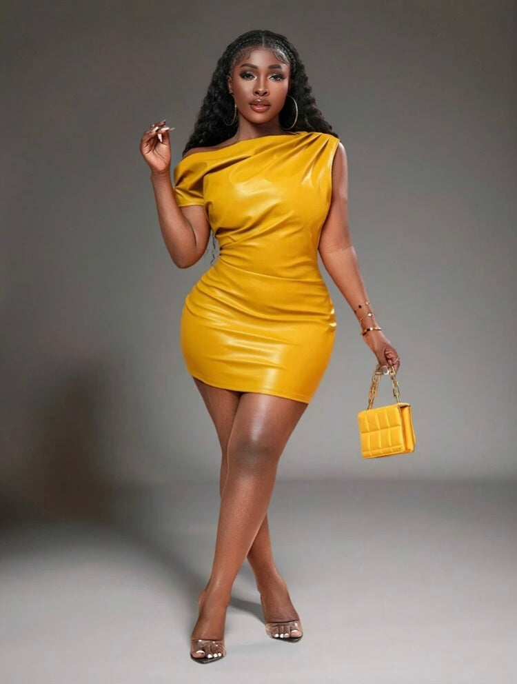 Gold Sexy Date Party Oblique Shoulder Pleated Slim Yellow Mini Skirt Dress PU Leather Women's Mini Curvy Wear