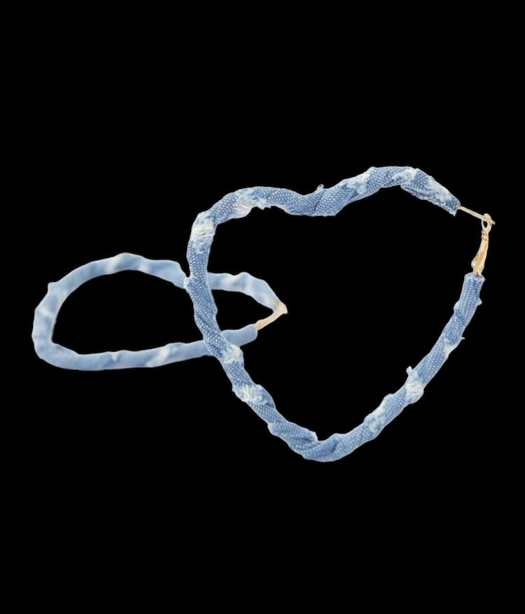 Light Blue Denim & Fashion Print Fabric Wrapped Heart Hoop Earrings for Women Accessories