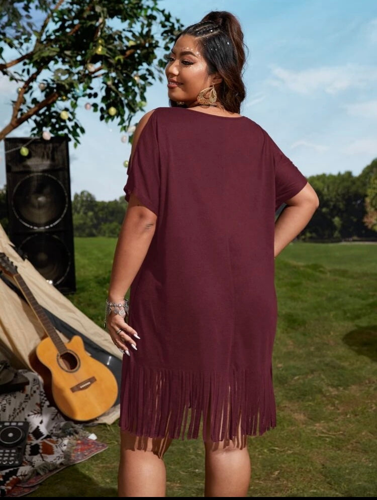 Burgundy Plus Shoulder Peek Sleeves Fringe Trim Nice Summer Breeze Dress Without Belt Women’s Wear Clothing
