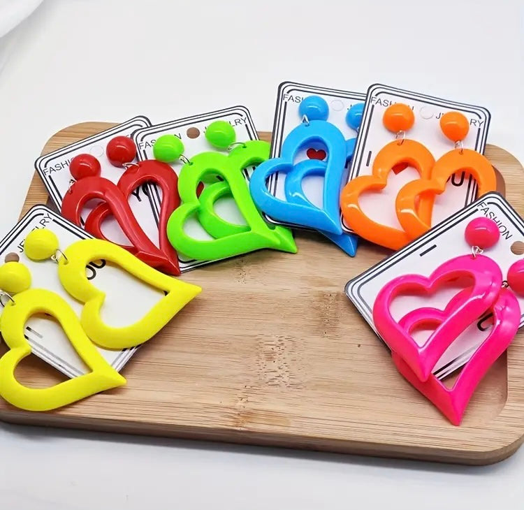 Cute & Bold Acrylic Heart Earrings in Fluorescent Colors Perfect for All Season Wear Accessories