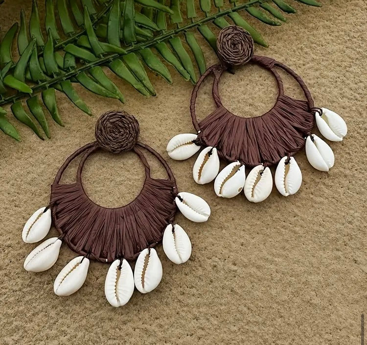 African Cowrie Shell Fashion  Beach Crochet Earrings Large Circle Tassel Dangle Jewelry