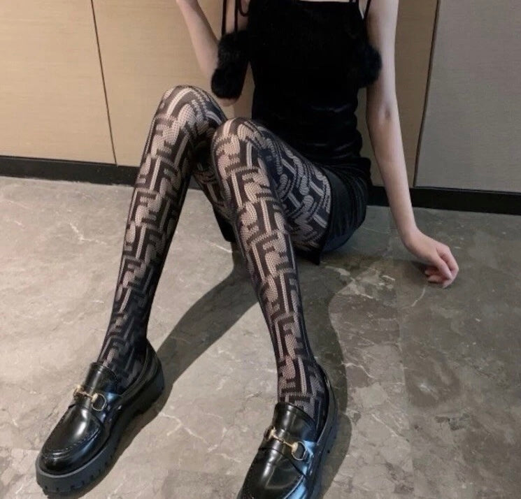 Black Knit Stretch Stockings Women Letter F Fishnet Pantyhose