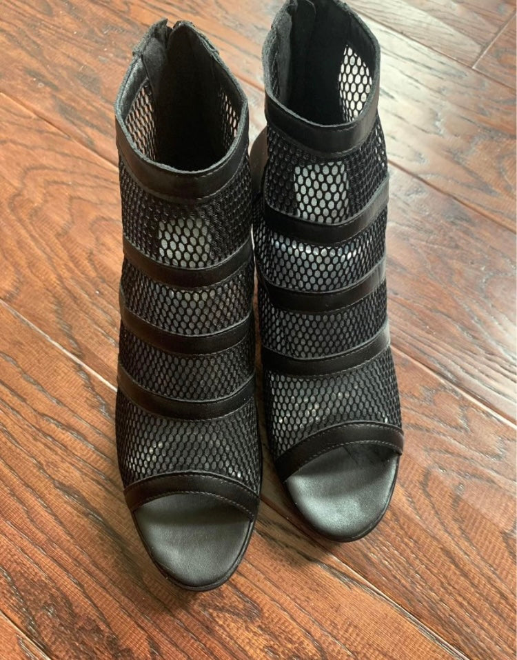 Black Hot Fashion Open Toe Fish Net Look Heels Statement Booties