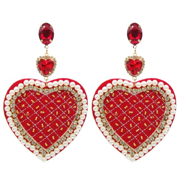 Big Red Heart Dangle Earrings for Women Statement 3 Layers Pearl Rhinestone Crystal Pendant Earrings Jewelry