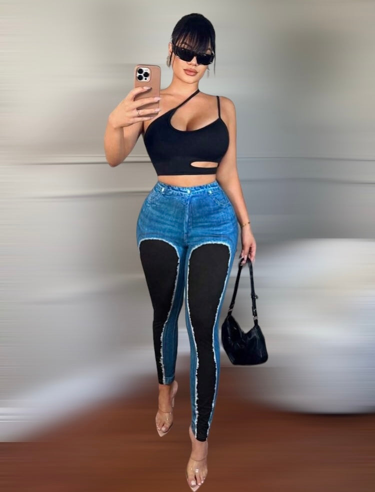 Plus Size Women's Denim Look Sexy Slim Fit Leggings w Ripped And Patchwork Design Wear