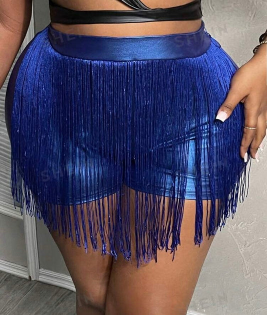 Shimmering Blue Plus Size Elastic PU Leather Fringed Shorts Women’s Wear
