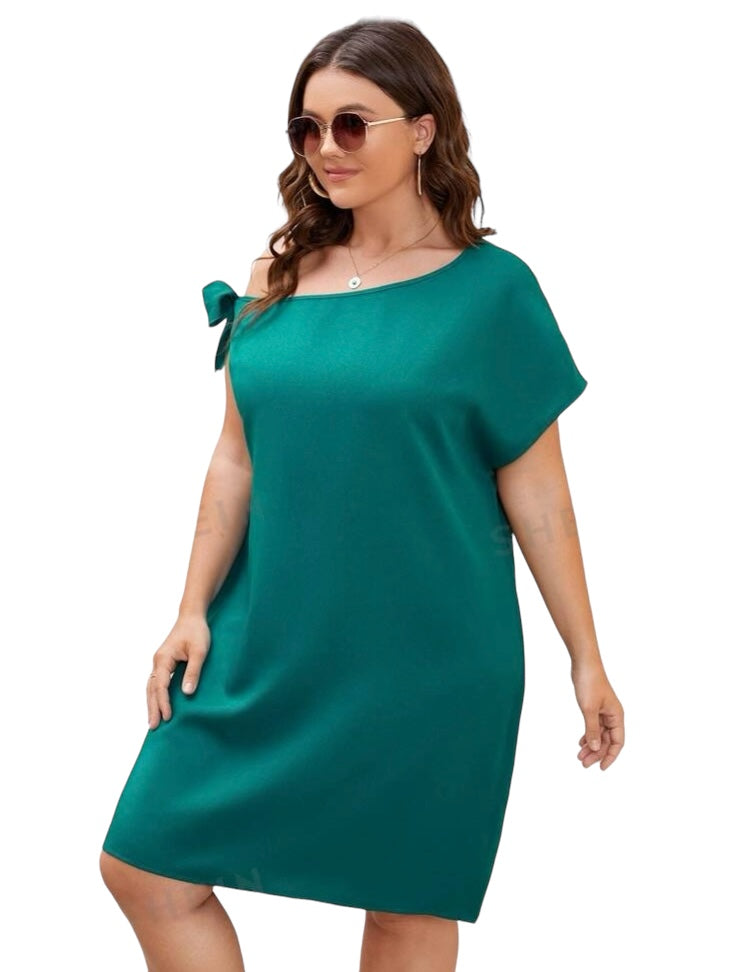 Beautiful Earth Tone Summer Green Plus Asymmetrical Off Neck Cute Bow Tie Cuff Dress Women’s Clothing