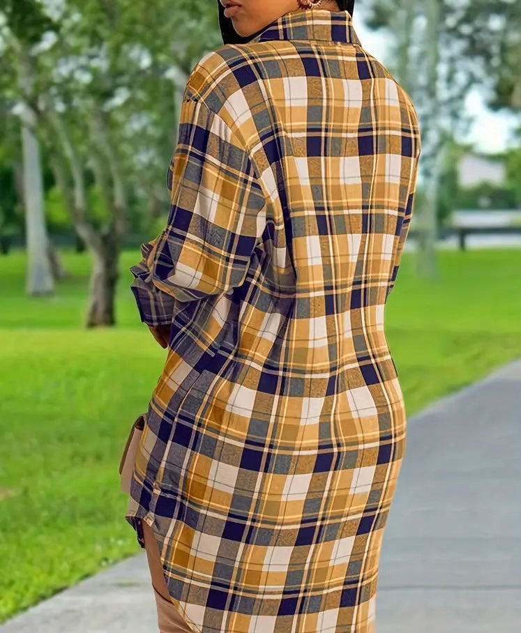 Winter Fall Designed Plus Size Tan Casual Women's Plaid Print Button Up Long Sleeve Collared Round Stretch Shirt Dress Wear