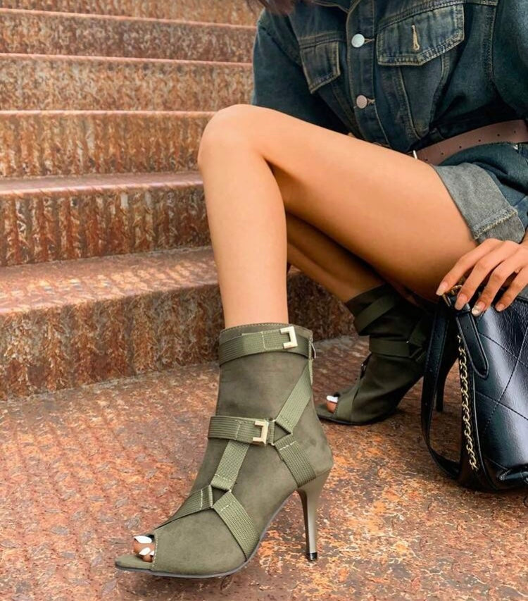 Army Girl Green Multiple Strap Trendy And Stylish High Heeled Peep-Toe Sandal Booties Fashionable Shoes Accessories