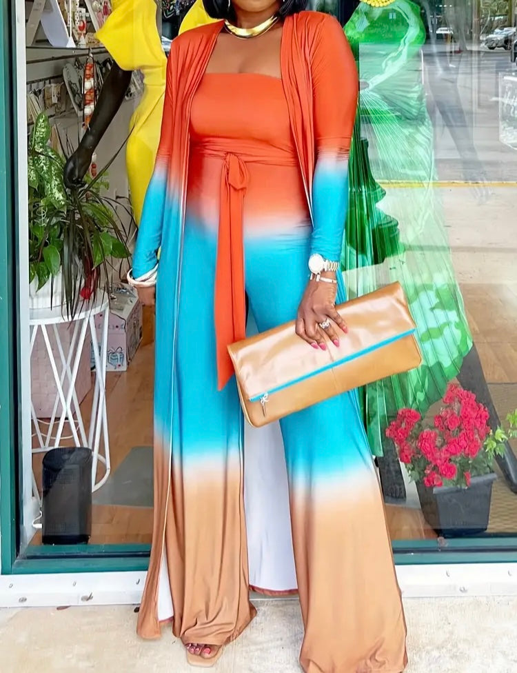 Casually Amazing Two Pieces Jumpsuit Plus Size Casual Outfit Women's Plus Ombre Earth Tone Print Long Sleeve Open Front Cardigan & Belted Outfits Set