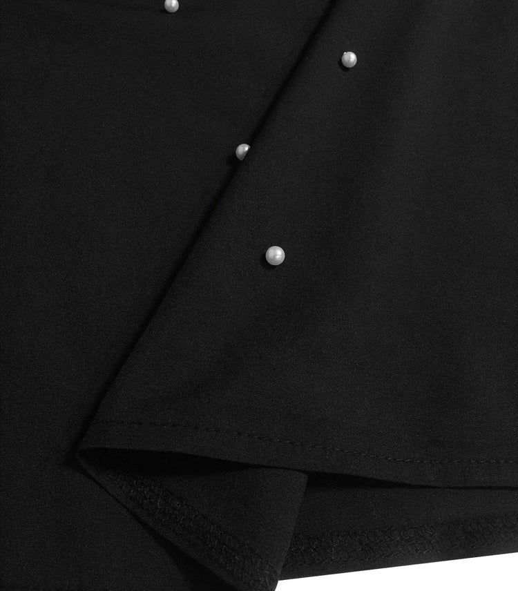 Elegance at it’s Best Women's Black Party Plus Size Solid Faux Pearl Decor Lantern Long Sleeve Mock Neck Shirt Blouse Top Clothing