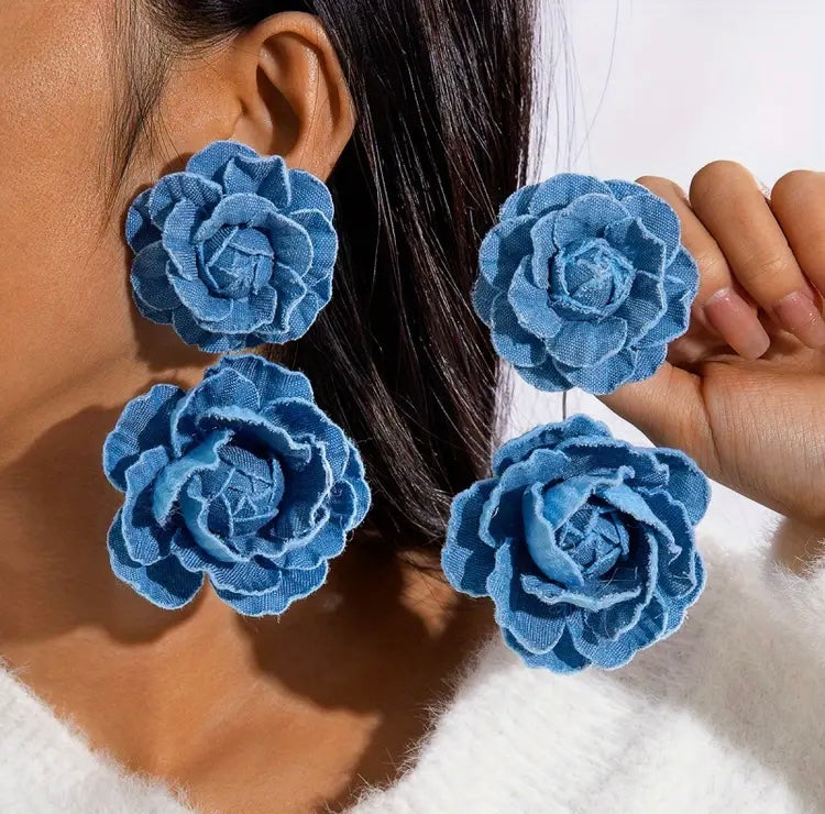 Elegant Big Denim Floral Rose Drop Earrings for Women Stylish Flower Design Accessories