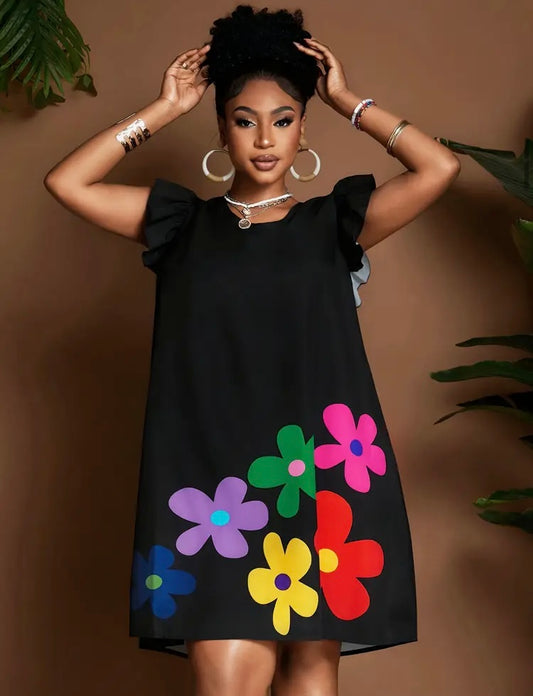 Black Essence Floral Sun Dress Plus Wear Women's Summer Floral Print Sun Dress Perfect for Casual Wear