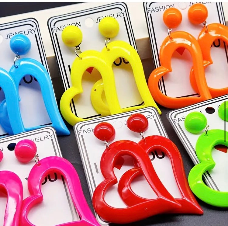 Cute & Bold Acrylic Heart Earrings in Fluorescent Colors Perfect for All Season Wear Accessories