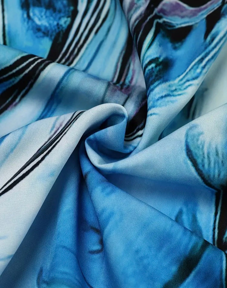Beautiful Blue Plus Size Marble Print Long Sleeve Polo Neck Dress with Pockets Comfortable Stretch Fabric Flattering Fit Casual Wear Clothes