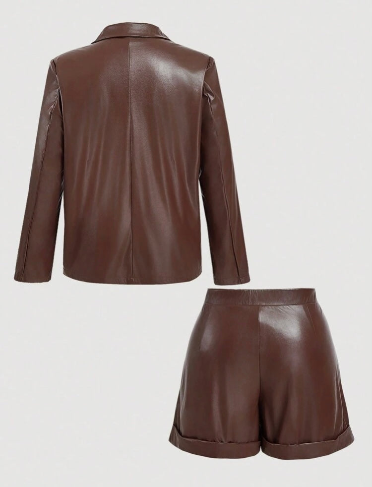 Brown Casual Dressy Plus Size Fall Winter Women PU Leather Suit 2pc Set