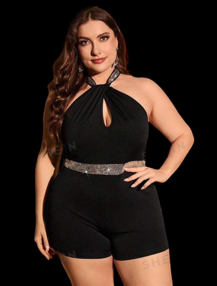 Sassy & Classy Chic Plus Size Contrast Silver Sequin Keyhole Back Out Halter Bodysuit Short Romper Women’s Wear