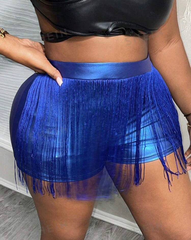 Shimmering Blue Plus Size Elastic PU Leather Fringed Shorts Women’s Wear