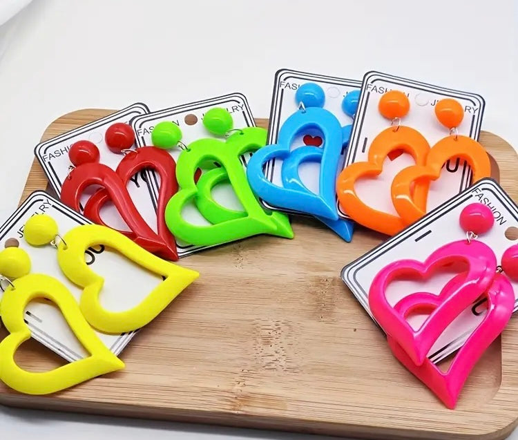 Cute & Bold Acrylic Heart Earrings in Fluorescent Colors Perfect for All Season Wear Accessories