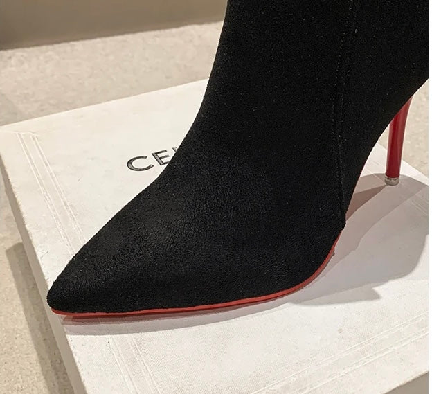 Stunning Black 10cm Height Stilettos Winter Red Bottom Heels Zip Warm Black Ankle Boots Women Footwear Shoes Women