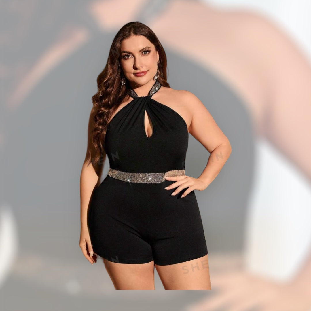 Sassy & Classy Chic Plus Size Contrast Silver Sequin Keyhole Back Out Halter Bodysuit Short Romper Women’s Wear