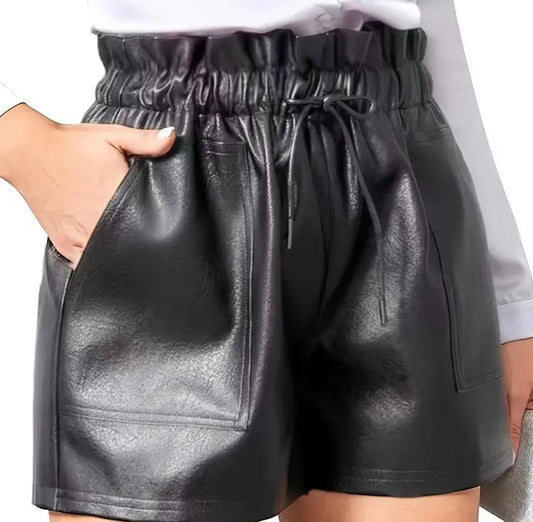 Black Curvy Plus Faux Leather Shorts w Pockets Women’s Wear