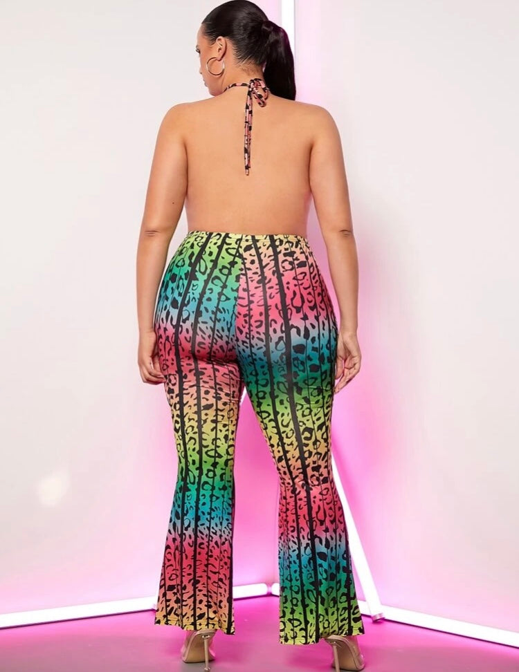 Taste the Rainbow Plus Leopard Print Cut Back Out Tie Backless Flare Leg Halter Jumpsuit