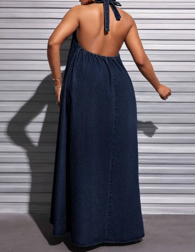 Summer Body Loading all Dark Blue Denim Season Curvy Wear Tie Backless Out Halter Neck Long Dress