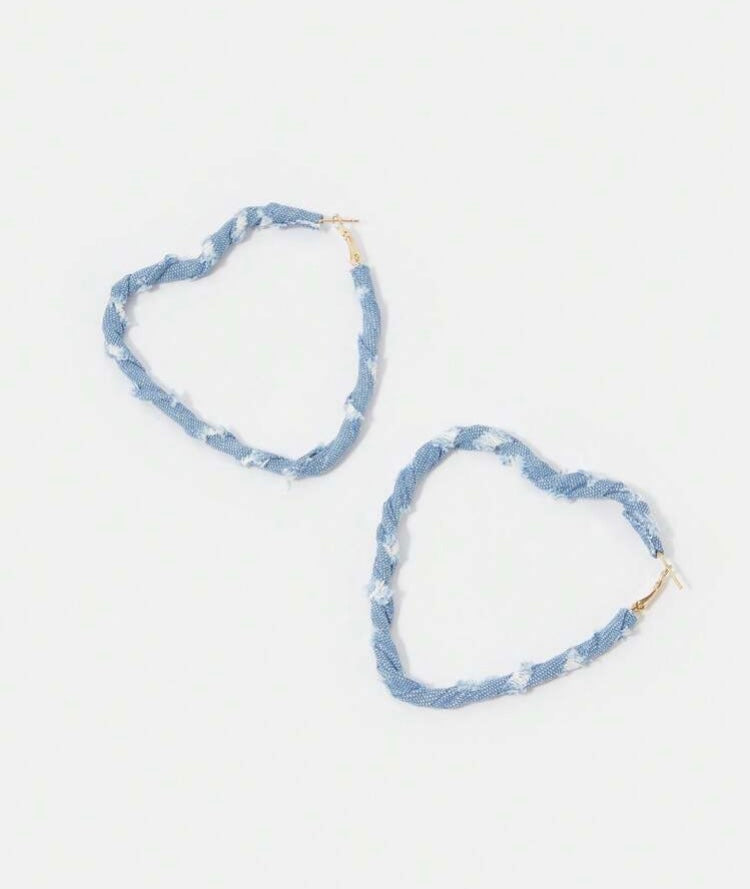Light Blue Denim & Fashion Print Fabric Wrapped Heart Hoop Earrings for Women Accessories