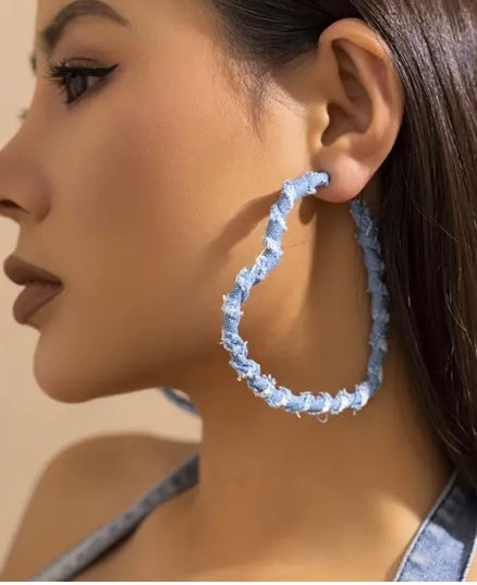 Light Blue Denim & Fashion Print Fabric Wrapped Heart Hoop Earrings for Women Accessories