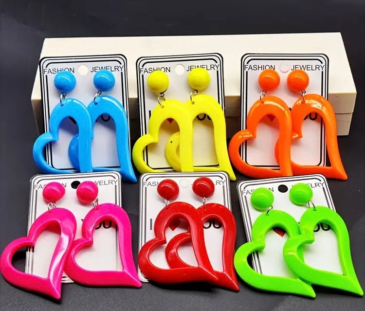 Cute & Bold Acrylic Heart Earrings in Fluorescent Colors Perfect for All Season Wear Accessories
