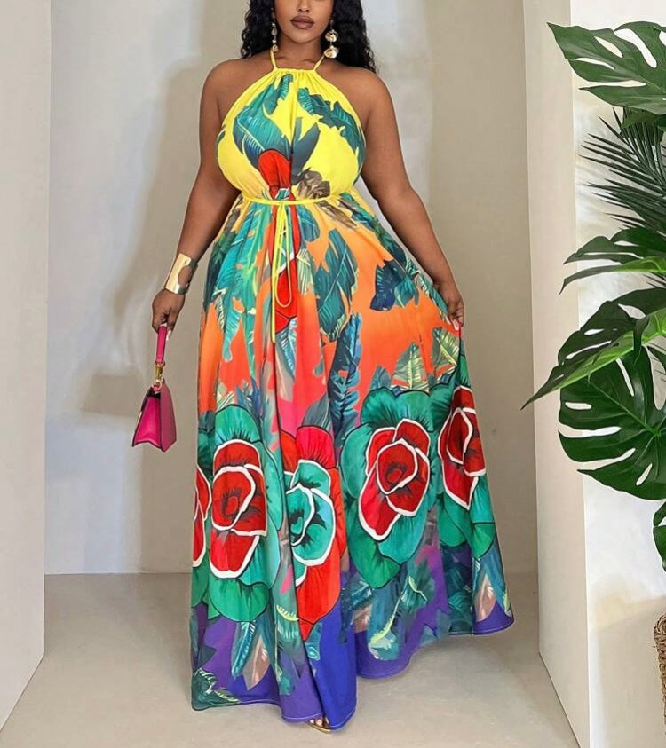 Sophisticated Her Plus Size Women Tropical Plant Floral Print Sleeveless Halter Cross Tie Waist Dress for Casual & Vacation Cruise Ready Spring  Summer Wear