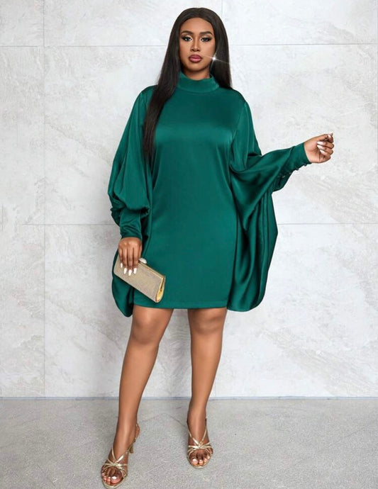 A Very Elegant Party Gathering & Evening Teal Green Collared Long Sleeve Plus Size Mini Dress w Charmeuse Fabric Curvy Wear