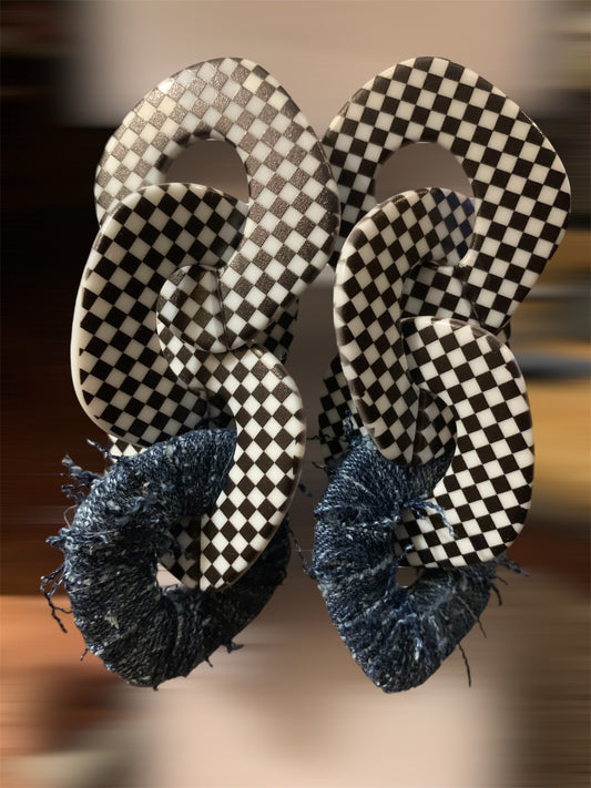 Handmade Checkered Denim Fashion Women Statement Print Geometric Drop Earrings Ladies Jewelry
