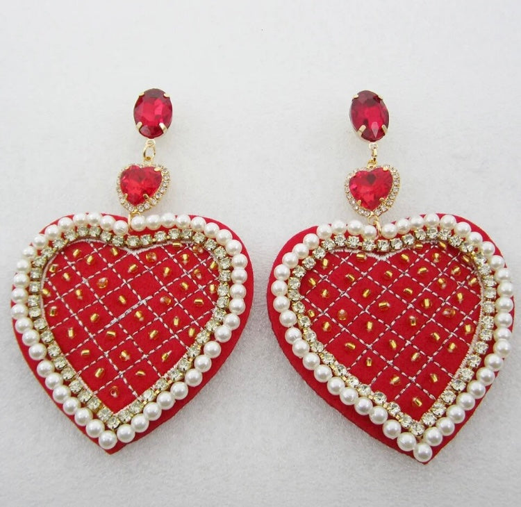 Big Red Heart Dangle Earrings for Women Statement 3 Layers Pearl Rhinestone Crystal Pendant Earrings Jewelry