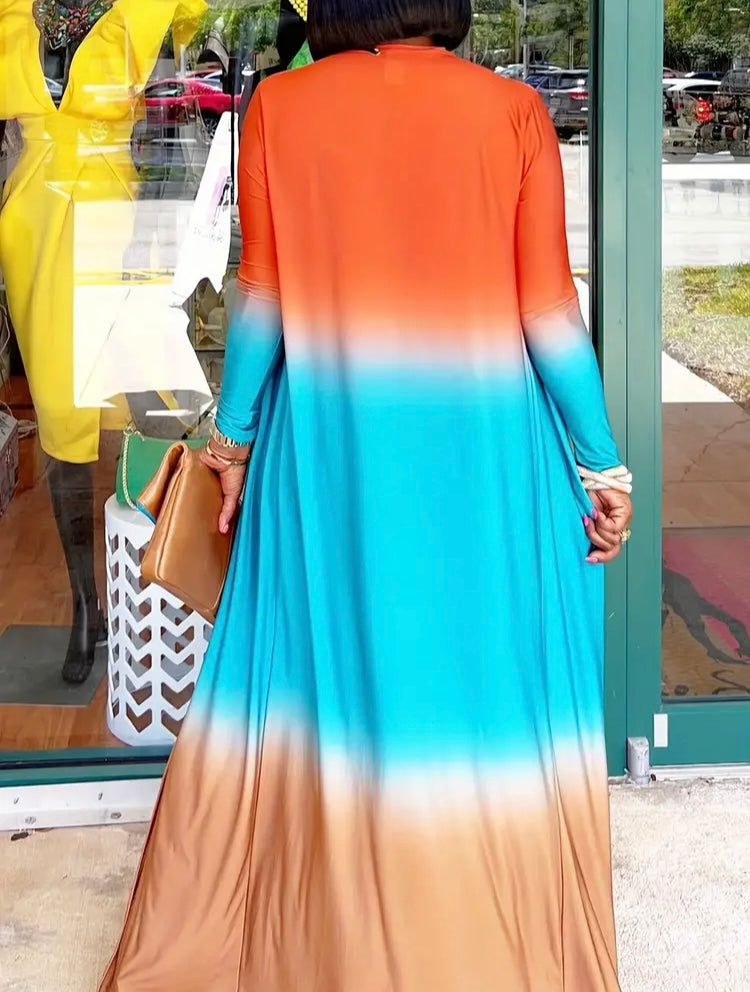 Casually Amazing Two Pieces Jumpsuit Plus Size Casual Outfit Women's Plus Ombre Earth Tone Print Long Sleeve Open Front Cardigan & Belted Outfits Set