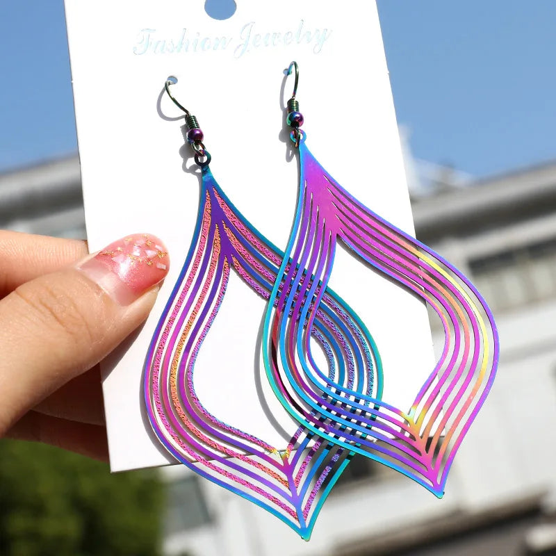 Cute Gradient Rainbow Color Hollow Rhombus Leaf Drop Earrings Women Jewelry