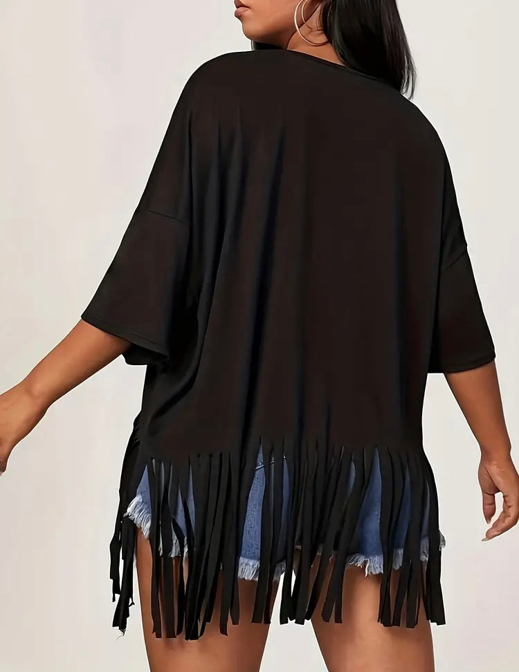 Cute Black Fringe Top Shirt Blouse Plus Fashion Women’s Wear