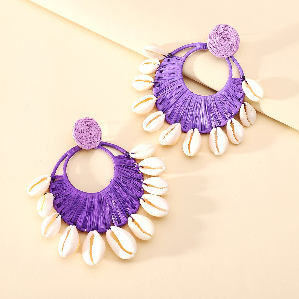 African Cowrie Shell Fashion  Beach Crochet Earrings Large Circle Tassel Dangle Jewelry
