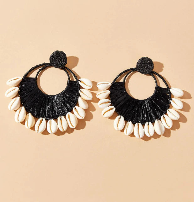African Cowrie Shell Fashion  Beach Crochet Earrings Large Circle Tassel Dangle Jewelry