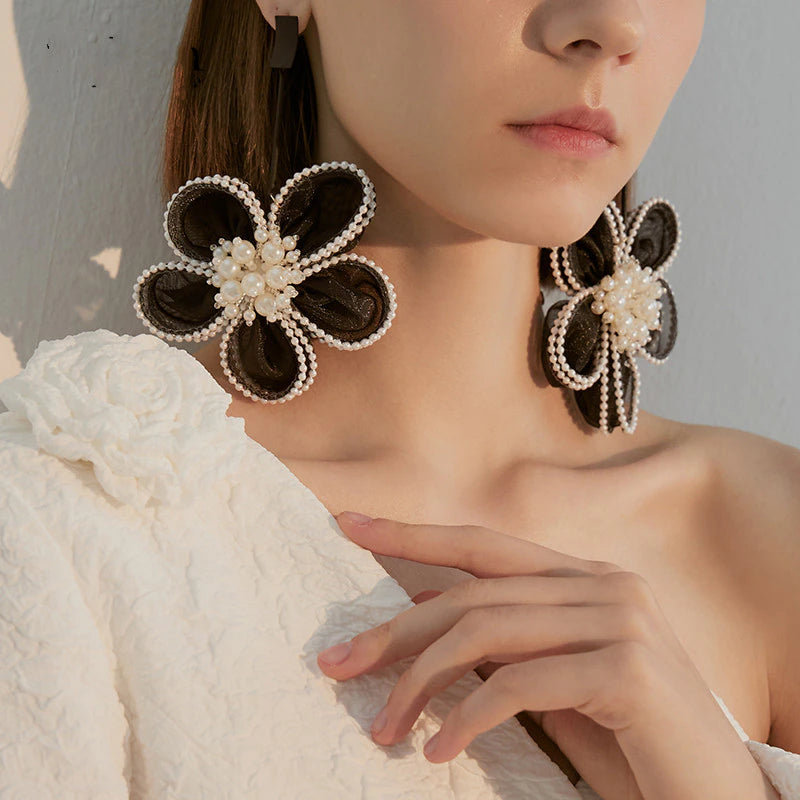 Black Needle Lace Flower Style Artificial Pearl Eardrop Fashion Earrings